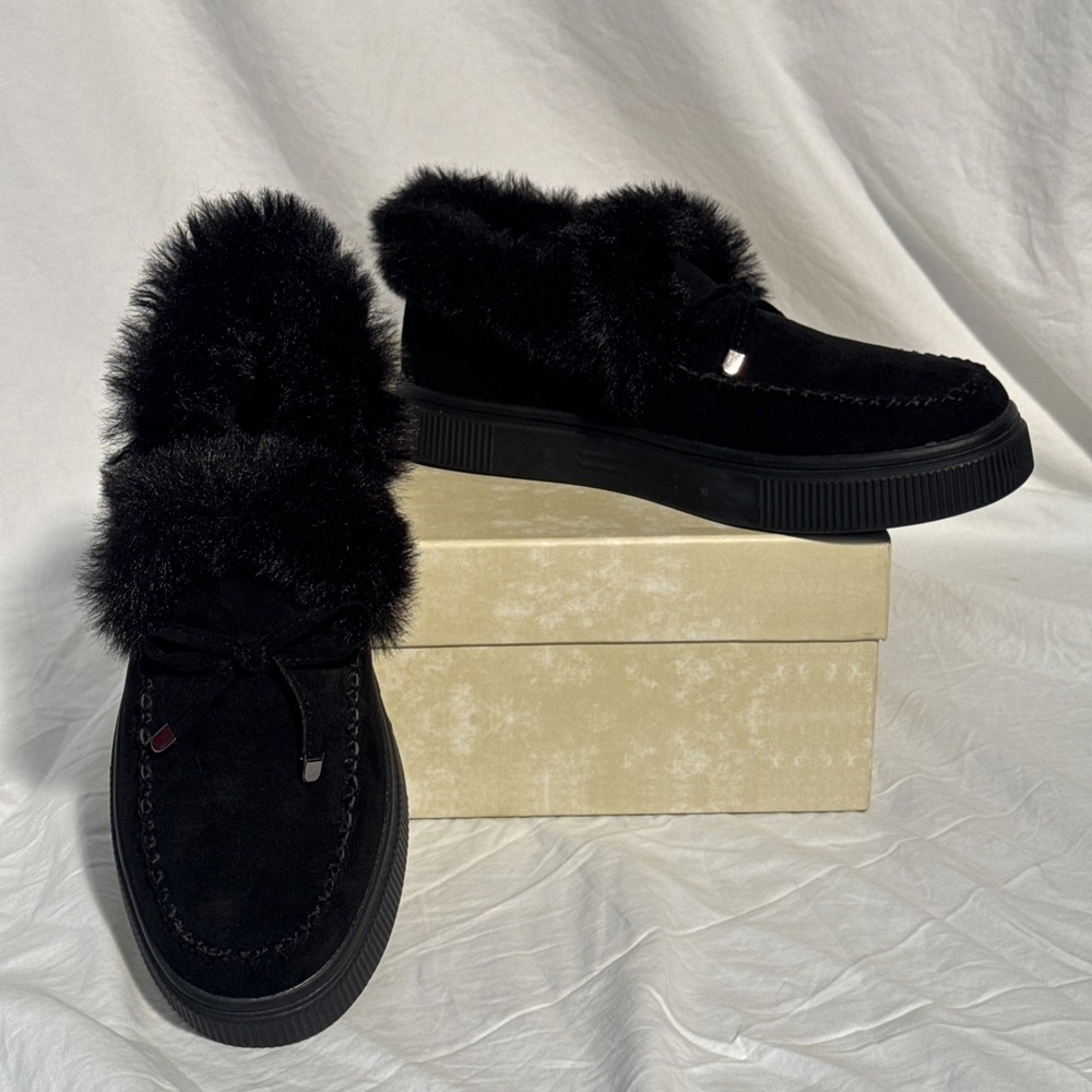 Tinstree Platform Winter Moccasins Women 7.5 Black Slip On Faux Fur Suede NEW